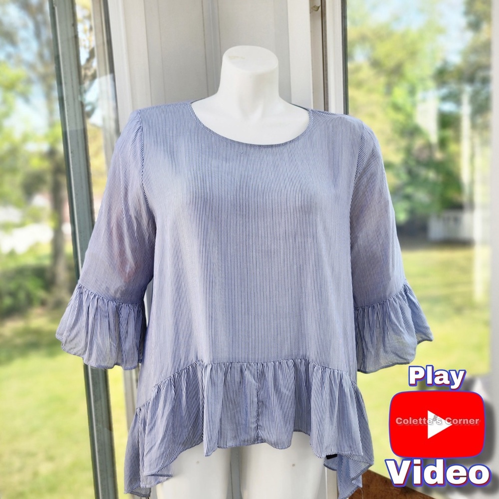 Simply Vera Blue & White Stripe Ruffle Sleeve High Low Hem Blouse